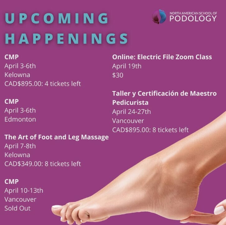 Dates of upcoming events with a woman touching her foot