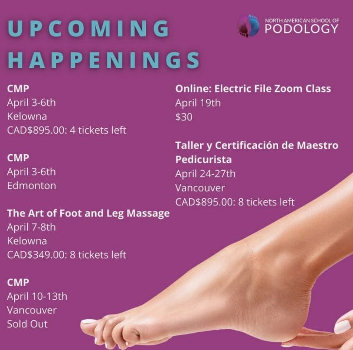 Dates of upcoming events with a woman touching her foot