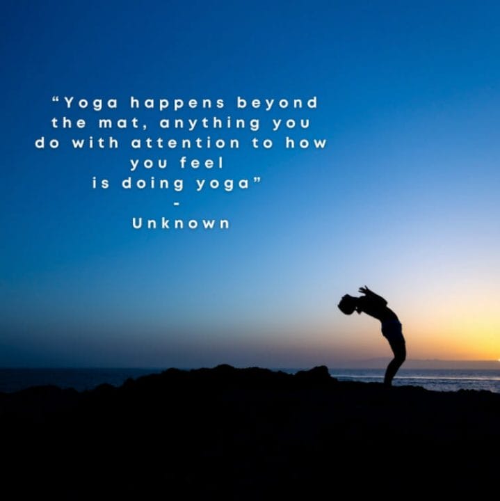 Quote on a photo of a person doing yoga on a beach at sunrise