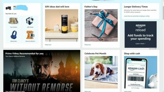 Amazon Homepage Featuring Many Product Recommendations For Upcoming Events Such as Fathers day 