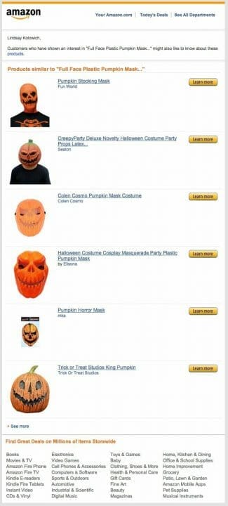 Amazon Personalized Email Advertisement Recommending Halloween Costume Ideas 