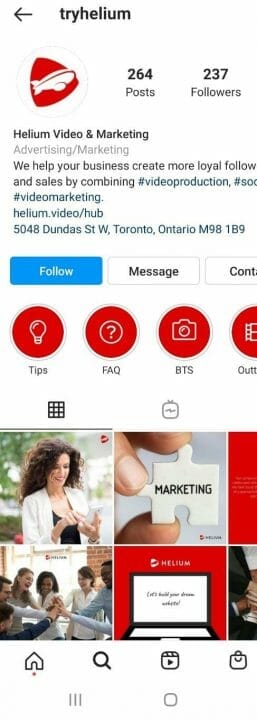 Snapshot Of Helium Marketing Instagram Profile Featuring Profile Picture, Username, Highlights and 6 Posts