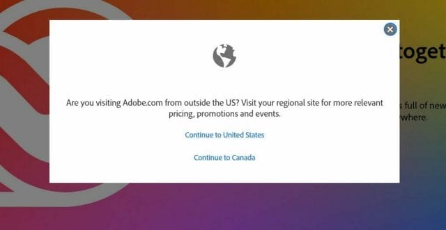 Adobe Website Pop Up Window Confirming Customers Geo-Location 