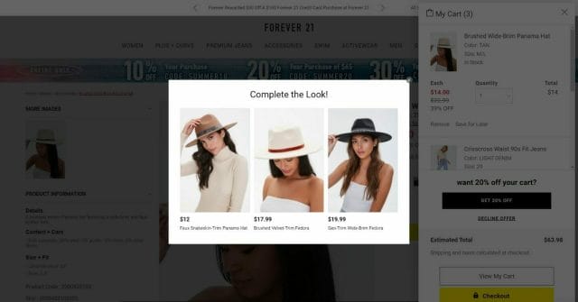 Forever 21 Webstore Pop Up Window Suggesting Complimentary Products To Current Cart Selection