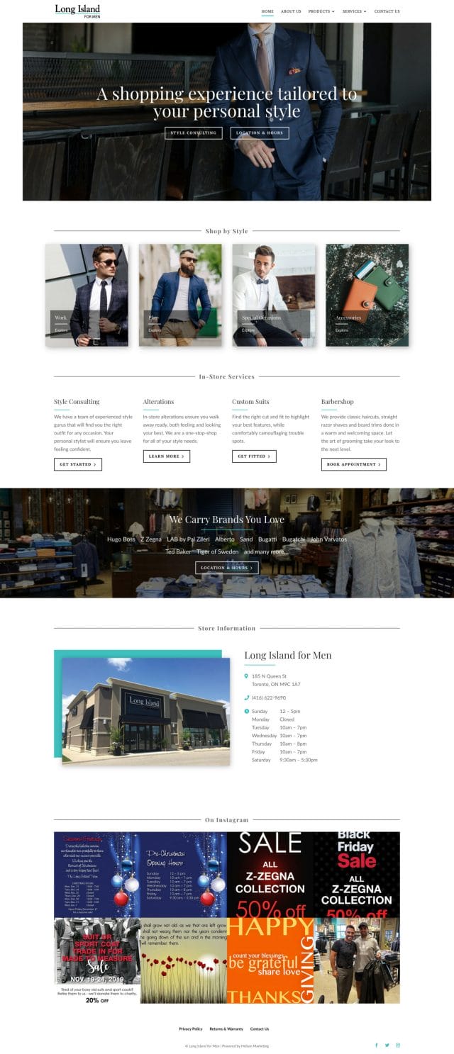 Screenshot of the Long Island Clothiers website's homepage