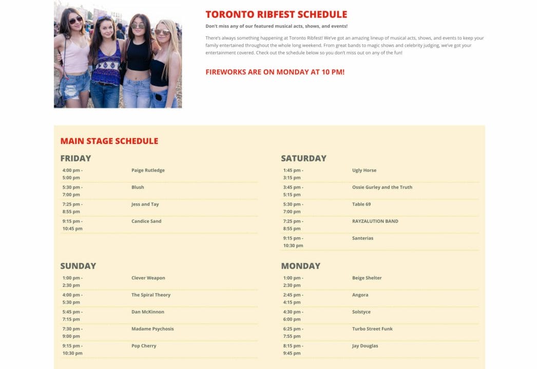 Toronto Ribfest schedule.